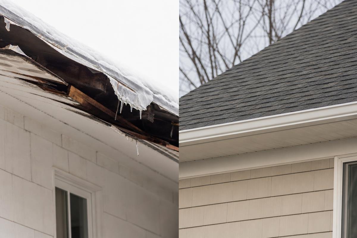 ice dam damage versus new roof installation by a roofing contractor in Greenville SC