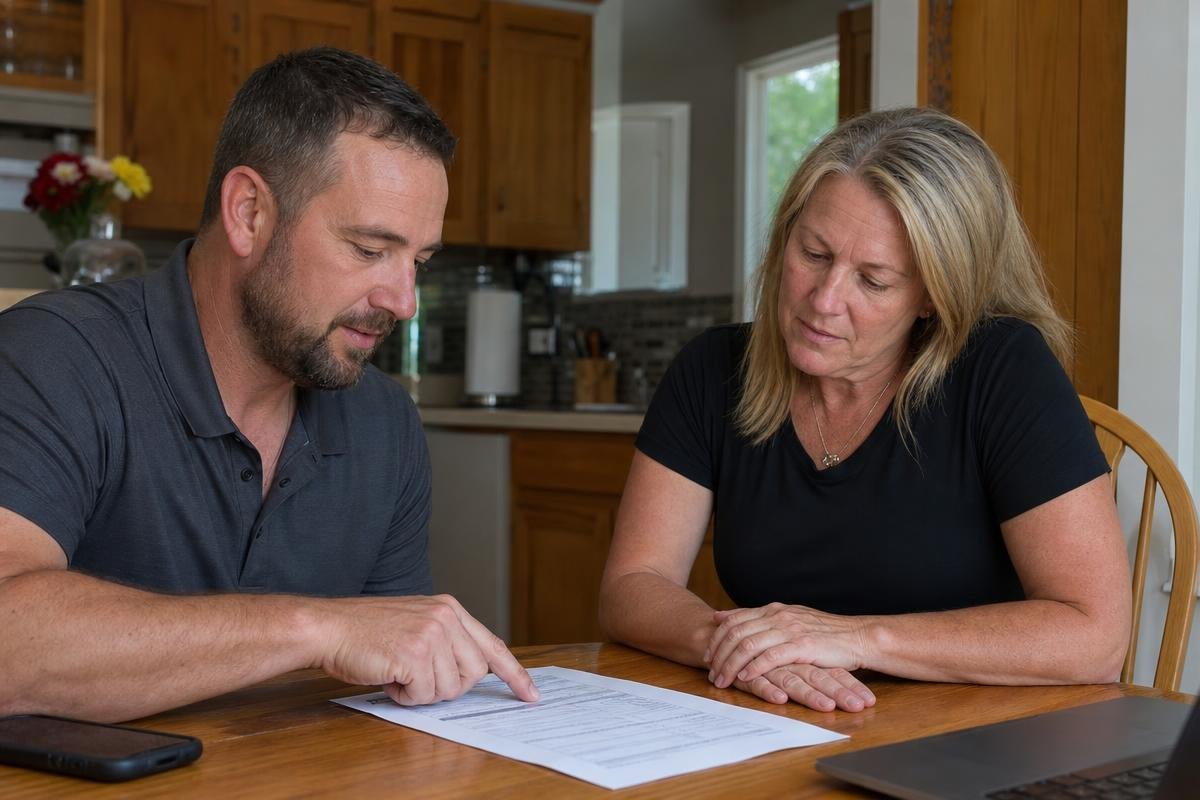 homeowner reviewing written roofing estimate with contractor at kitchen table