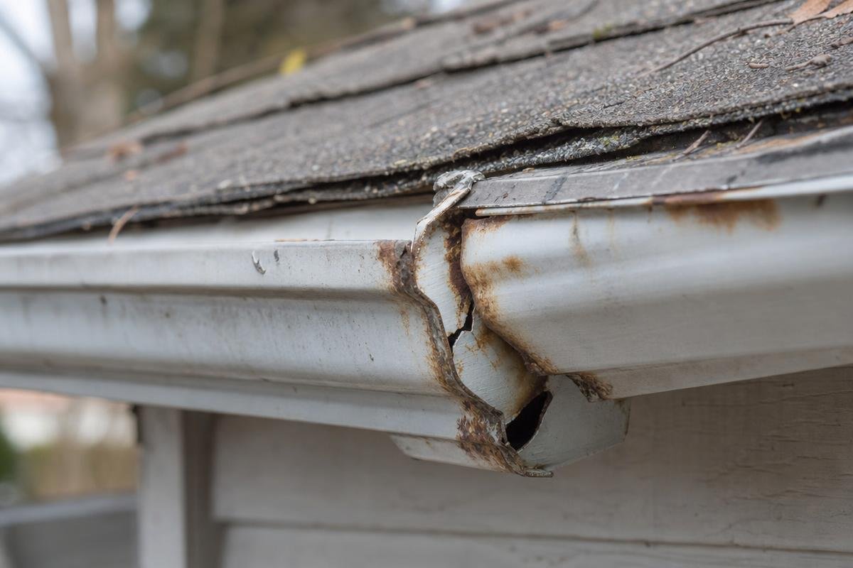 cracked and rusted gutter showing signs of failing gutters needing replacement