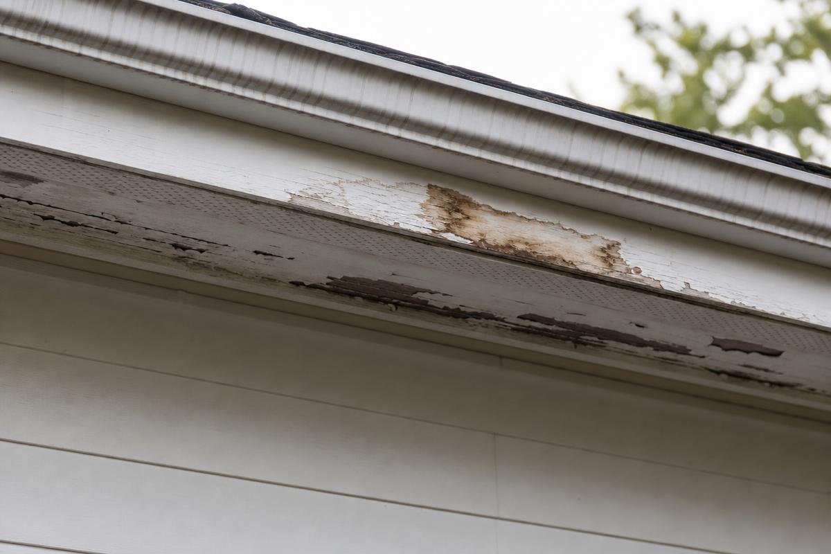 water damage and staining on fascia board indicating failing gutters