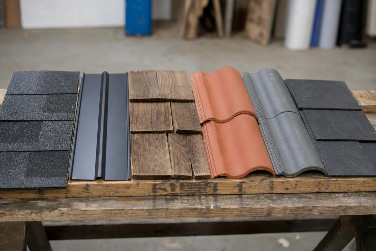 Architectural and metal roofing samples laid out for a Greer SC home comparison