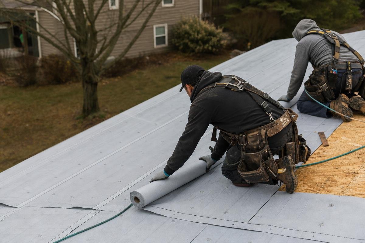 Residential roofing installation showing synthetic underlayment layers in Greer SC