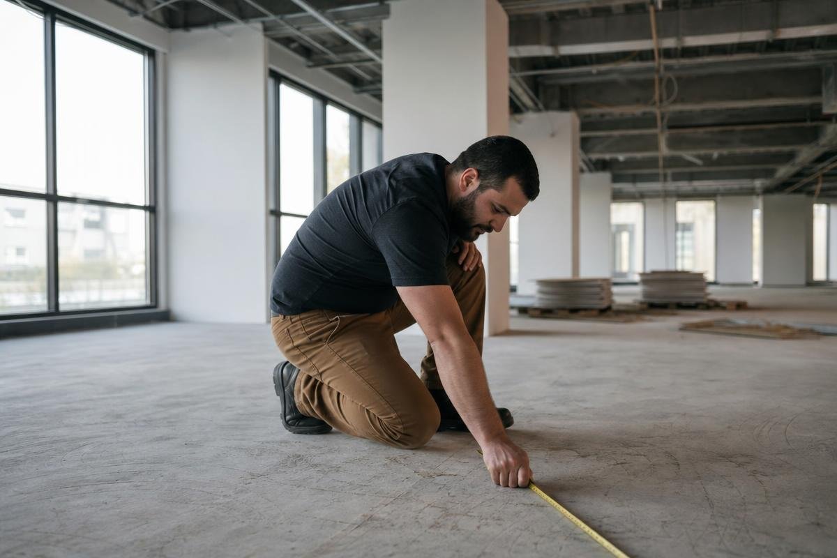 commercial flooring contractor measuring office floor in Raleigh, NC