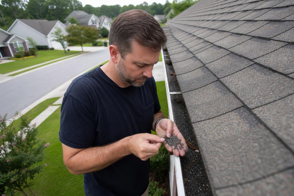hail damage roof repair Spartanburg SC granule loss in gutters